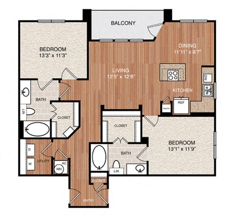Floor plan for 2 beds, 2 baths, 1136 sqft